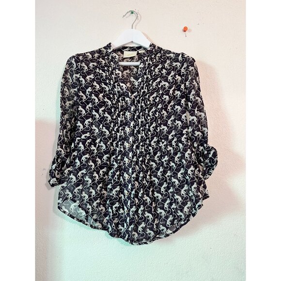 Maeve Womens Black White Monkey Print Button-Up Blouse Size 0 Pleated 3/4 Sleeve - Picture 1 of 9
